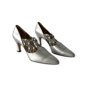Vintage: Evan Picone ♚ Lattice Mary Janes Heels Pumps ♚ Metallic Silver Leather